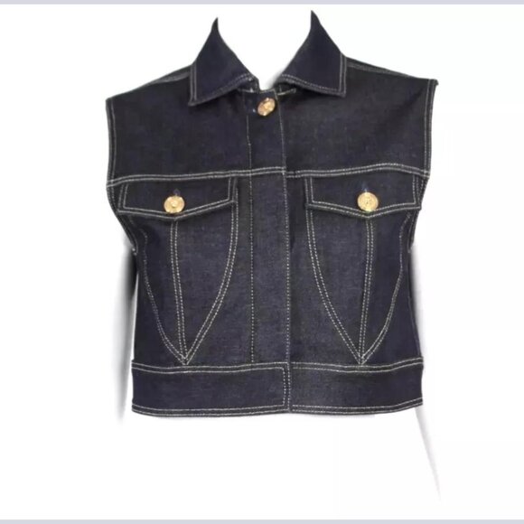 NWT VERSACE Tribute Blue Dark Wash Denim Gold Medusa Button Cropped Vest - Picture 5 of 11